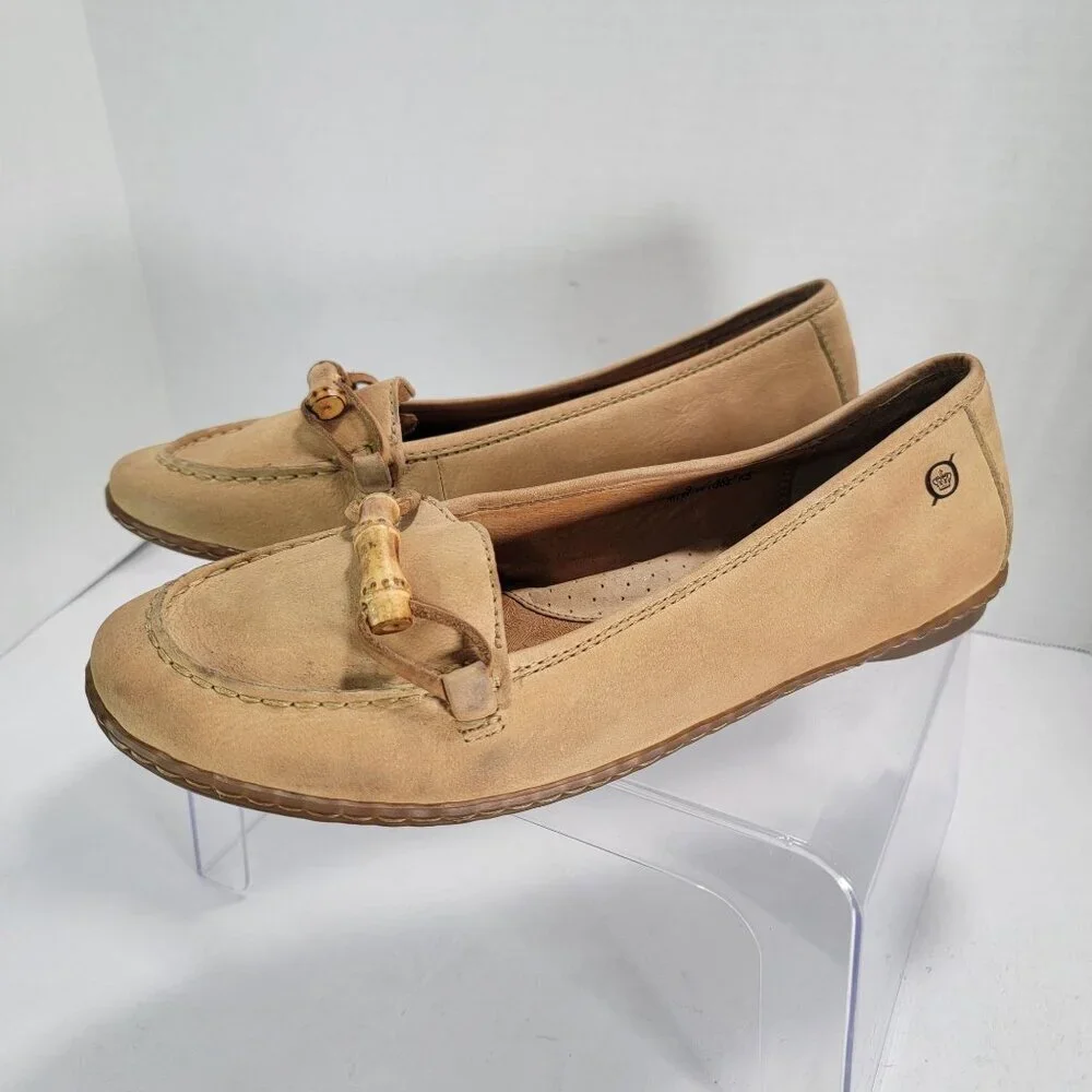 Born Womens Beige Leather Bamboo Bit Loafers Size 9 Coastal Grandma Driving Shoe